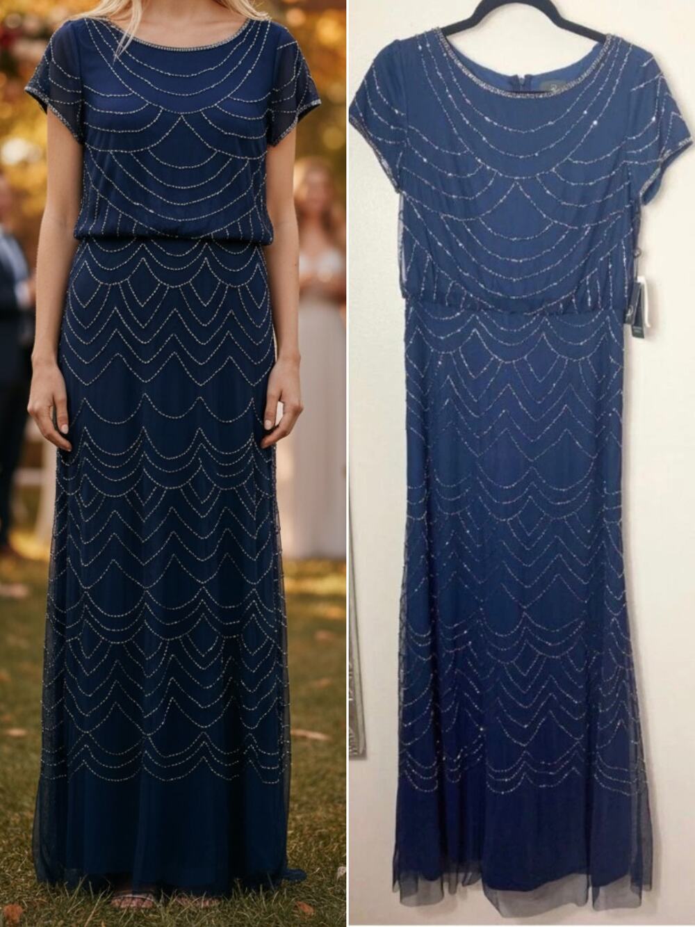 Adrianna Papell Navy Sequin Beaded Mother of The Bride Wedding Guest Art Deco